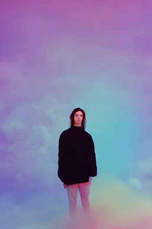 Image similar to high quality pastel coloured film photograph of a model wearing black clothing resting on cloud furniture clouds in a haze filled dreamstate world. three point light, rainbow. photographic production. art directed. pastel colours. volumetric clouds. pastel gradient overlay. waves glitch artefacts. 8 k. filmic.