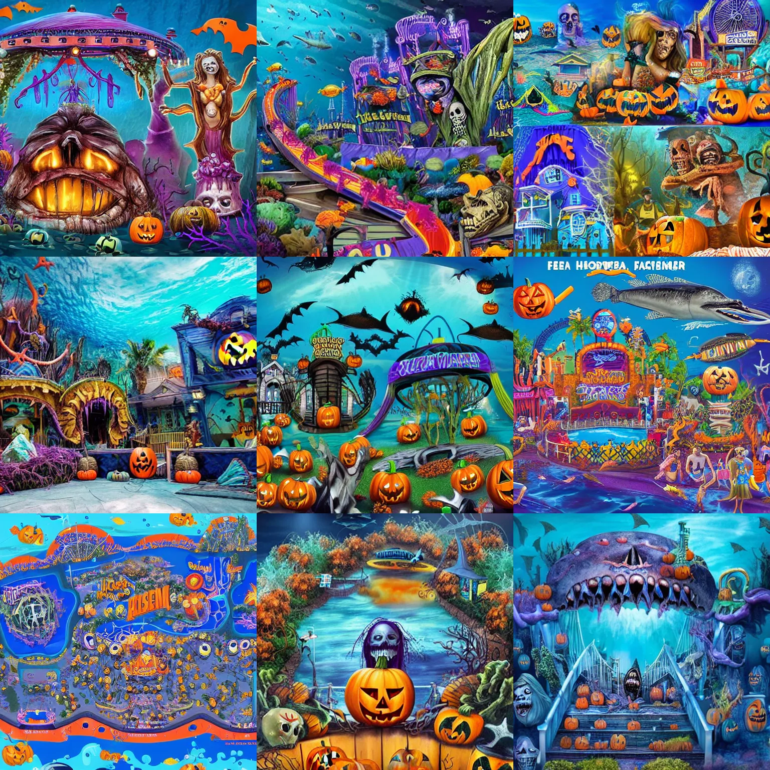 Prompt: a horror based underwater suburban amusement park that incorporates halloween and ocean elements in its design imagery and features attractions as well as houses, halloween decorations, atlantis, amusement park, spooky, amusement park attractions, deep sea, horror themed, fun, in the style of stephen silver