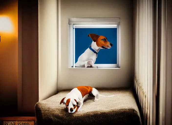 Image similar to photography of a Jack Russel . watching outside the window. on a bed. in a vintage room full of vinyls and posters.,volumetric light, photorealistic,, award winning photo, 100mm, sharp, high res