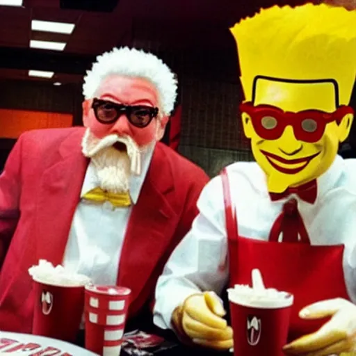 Image similar to Ronald McDonalds eating in a KFC with the Colonel