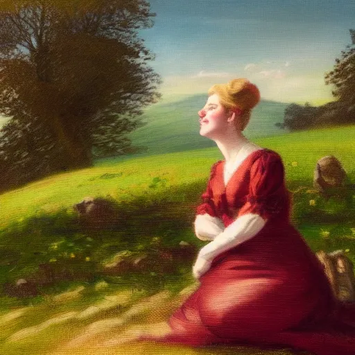 Image similar to Victorian British woman with blond hair in foreground staring off into pastoral green hillside in England done in the style of a painting, cinematic, 4k,
