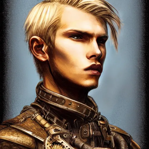 Image similar to portrait of a man by ayami kojima, norwegian, he is about 2 0 years old, blond short hair, tall and strong, older brother vibes, he is wearing a steampunk tactical gear, highly detailed portrait, digital painting, artstation, concept art, smooth, sharp foccus ilustration, artstation hq