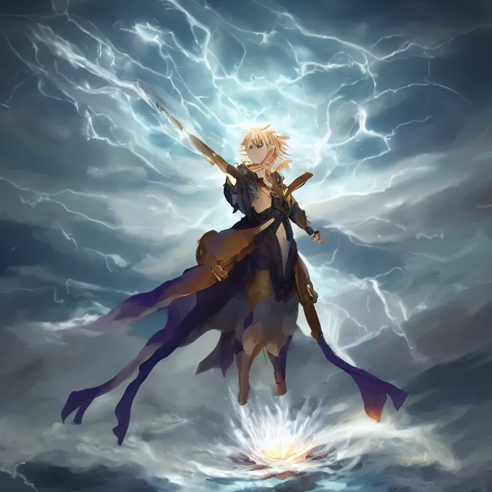 Image similar to light, may you be released from the ends of the world. split the heavens and tether the earth, anchor of the storm! rhongomyniad, trending on artstation