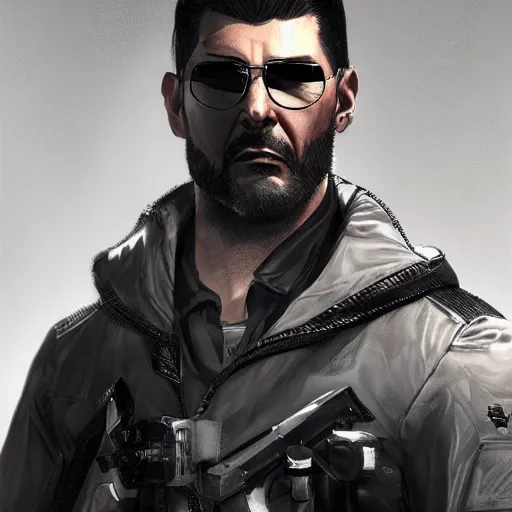 Image similar to Adam Jensen from Deus Ex as a GTA character, by Cedric Peyravernay, highly detailed, excellent composition, cinematic concept art, dramatic lighting, trending on ArtStation