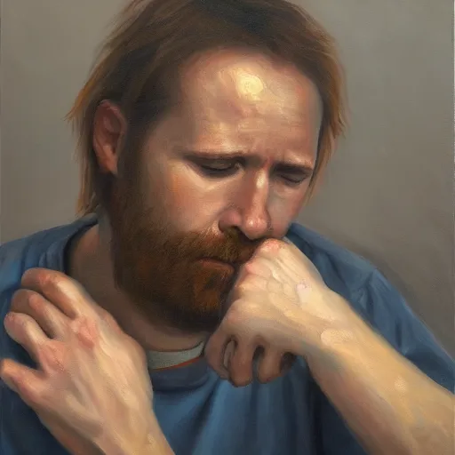 Image similar to portrait of a sleepy - looking programmer guy begging for forgiveness, oil on canvas, masterwork, fine detail, trending on artstation, emotive, insanely compelling