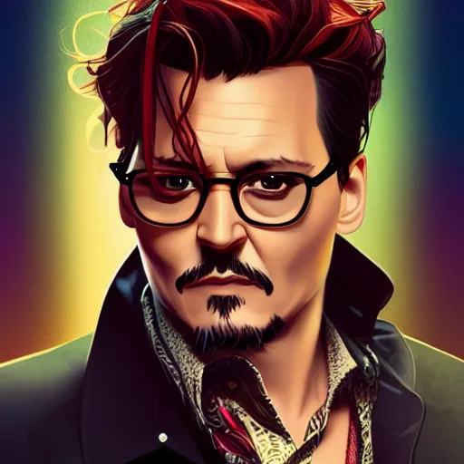 Image similar to Johnny Depp as Tony Stark, ambient lighting, 4k, alphonse mucha, lois van baarle, ilya kuvshinov, rossdraws, artstation