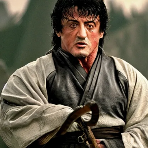 Prompt: Sylvester Stallone as samurai , a film still