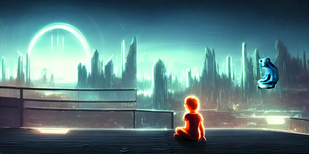 Prompt: child sitting on a wooden deck, staring into the sky, night, dramatic warm lighting, futuristic cyberpunk cityscape in background, stellaris concept art, ringworld structure in sky