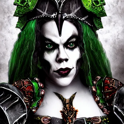 Image similar to close up portrait of fairuza balk as a high priestess necromancer in the style of chaos in warhammer 4 0 k, flowing robe, jewel encrusted chestplate, green black grey and white palette, lolth, dnd, character art