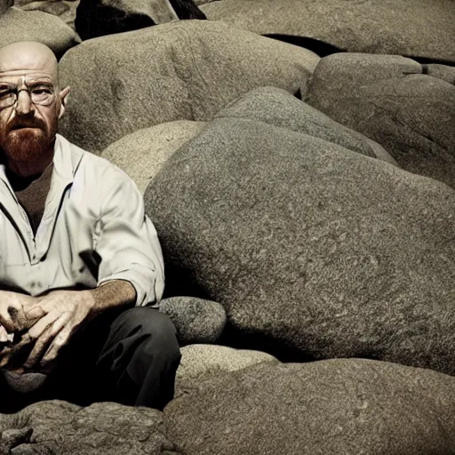 Image similar to Walter White hugging The Rock on the beach, artistic, 8k, cinematic