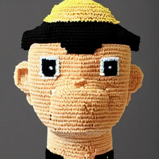 Prompt: buster keaton made of yarn, crocheted caricature of buster keaton, photorealistic, soft, cute, trending on artstation