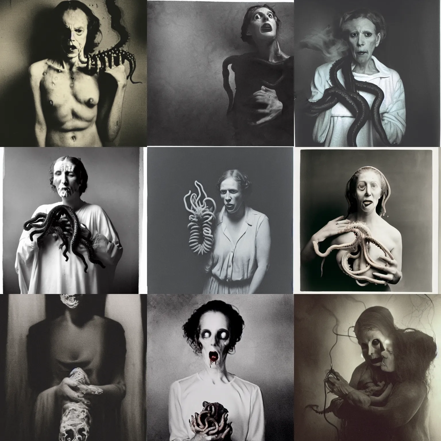 Prompt: disturbing portrait of a haunted mother driven to despair and madness holding an unspeakable lovecraftian eldritch horror of writhing tentacles, in an abandoned insane asylum, studio lighting, soft glow, smoky, monochromatic photo by anne leibovitz, 1 9 3 0 s psychiatric journal