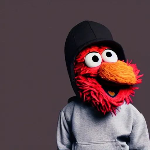 Image similar to Elmo from sesame street dressed up as a stylish rapper, wearing a hoodie and gold chain and backwards hat, in New York City, highly detailed, 4K, moody lighting, 90’s vibe, 3d render, octane redshift, 8k