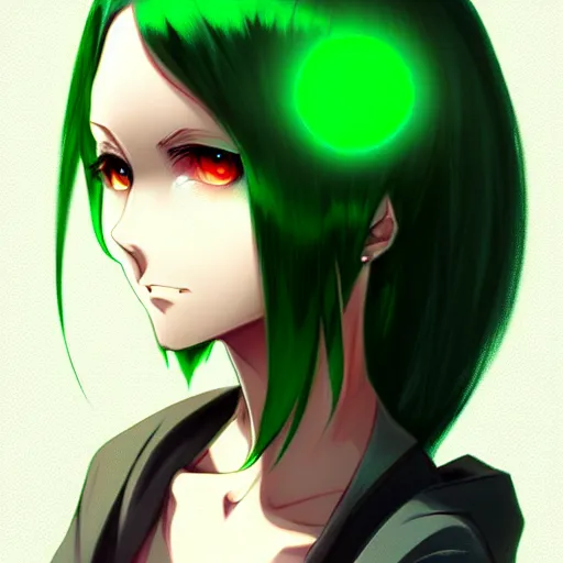 Image similar to a woman with dark green hair and glowing green eyes, anime, artstation, trending on artstation