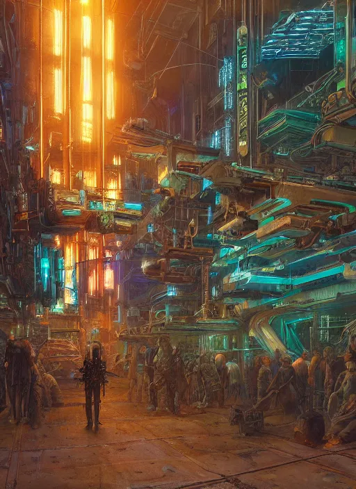 Prompt: cinema, sci - fi, cyberpunk, conceptual, hyperdetailed, donato giancola, james gurney, neon lights, mood lighting, rust