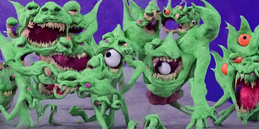 Prompt: giant scary claymation monsters eating eachother and merging into eyeballs and rainbows