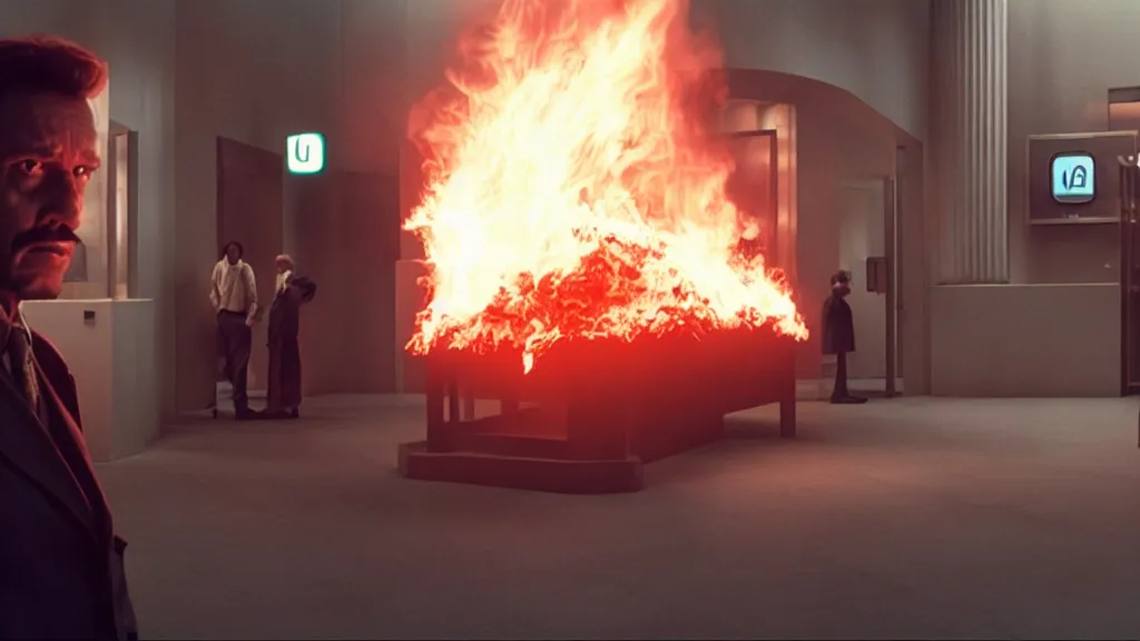 Image similar to the strange creature in line at the bank, made of fire, film still from the movie directed by Denis Villeneuve with art direction by Salvador Dalí, wide lens