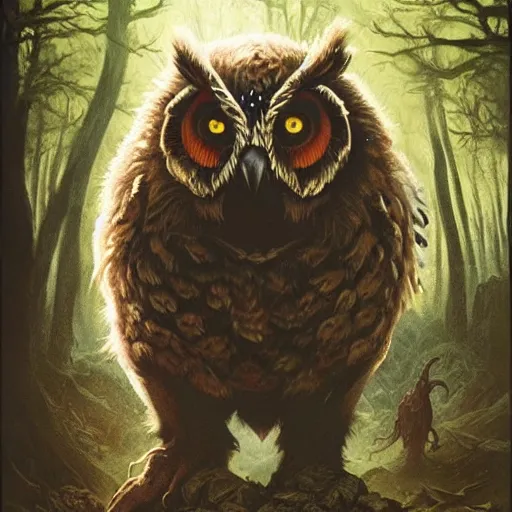 Image similar to three quarter portrait of an owlbear in the forest, d & d, fantasy, greg rutkowski, frank frazetta, alexandre chaudret, boris vallejo, michael whelan, miro petrov, hr giger, magali villeneuve, donato giancola