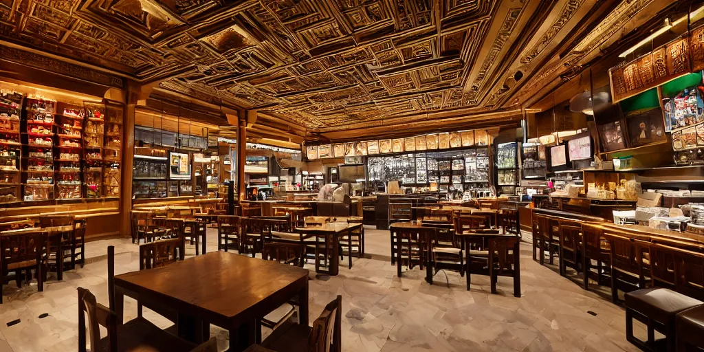 Image similar to interior of a starbucks built inside the forbidden city in china, photography