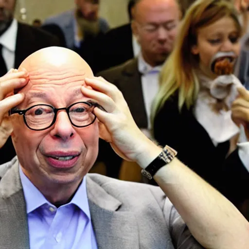 Image similar to a press photo of Klaus Schwab of the world economic forum eating bugs and other insects, horrible, 8k