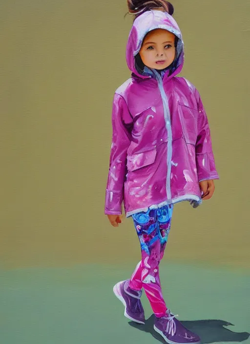 Prompt: a painting of a girl wearing a chloma designed anorak with skinny legs and futuristic leggings