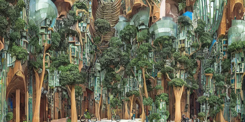 Image similar to masterpiece, graphic illustration of afro futurist florence courtyard designed by by frank lloyd wright architect, plants and trees on walkways low buildings, green energy, bicycles,, bill sienkiewicz, plants trail from balconys, abstract mirrored sculptures, insanely detailed and intricate