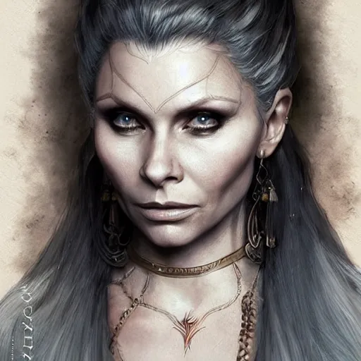 Image similar to myanna buring as tissaia de vries from the witcher show, urban motifs, intricate, elegant, highly detailed, digital painting, trending on artstation, concept art, smooth sharp focus, illustration, art by artgerm and greg rutkowski