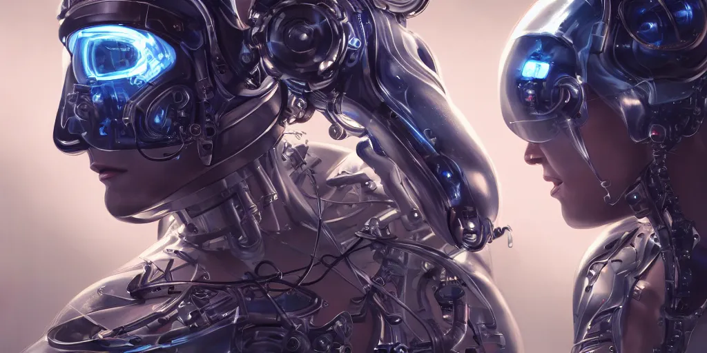 Image similar to a close up still of cyborgs creating humans in a sophisticated bio lab in space, sci - fi, neon lighting, sophisticated, futuristic, highly detailed, intricate, sharp focus, digital illustration, smooth, by artgerm, wlop, syd meade, greg rutkowski, trending on artstation