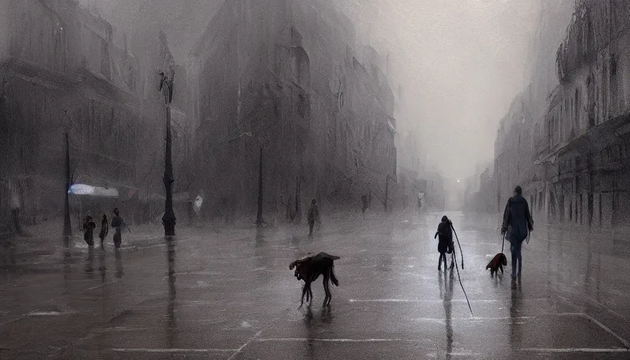 Image similar to guy with bagpack and his dog walking in desolated paris, grey sky, muddy road, dusty cars, crows in the sky, hyperdetailed, artstation, cgsociety, 8 k