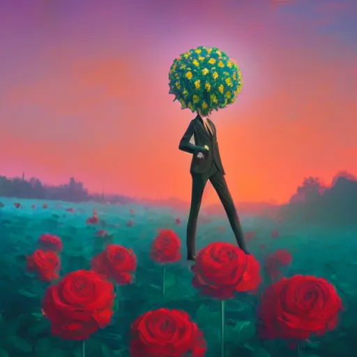 Image similar to closeup, giant rose flower head, frontal, girl in a suit, surreal photography, sunrise, blue sky, dramatic light, impressionist painting, digital painting, artstation, simon stalenhag