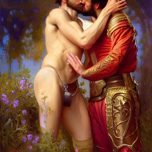 Image similar to attractive fully clothed king confesses his love for his attractive fully clothed male prince. highly detailed painting by gaston bussiere, tom bagshaw, j. c. leyendecker