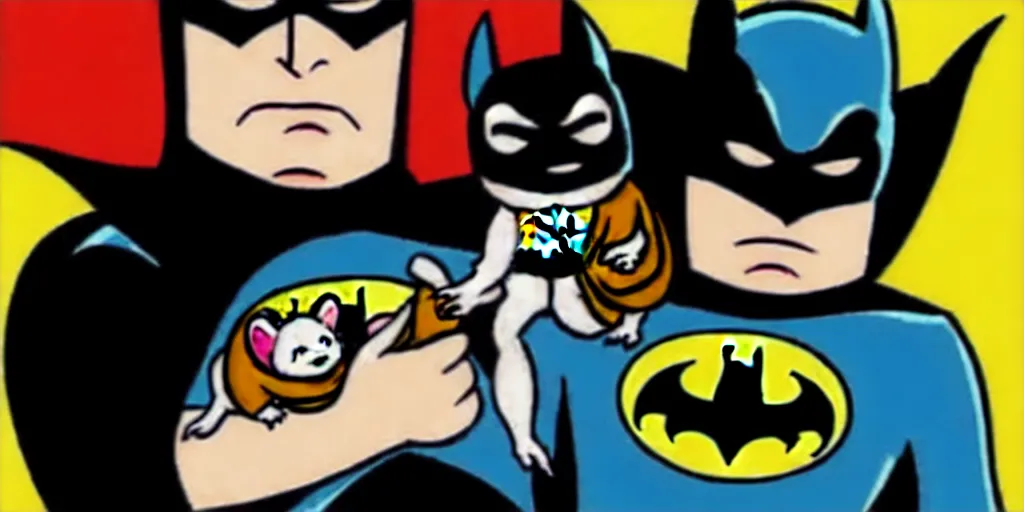 Image similar to The Batman poses with a hamster in his hand, comic book style