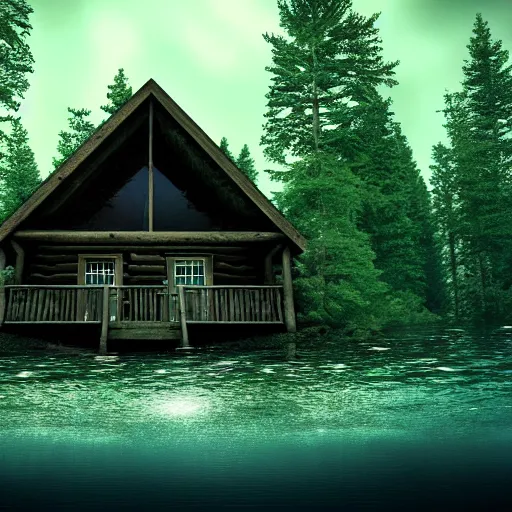 Image similar to a cabin in the woods, underwater, dense trees, dark, eerie, 8k, high definition, highly detailed, photo realistic