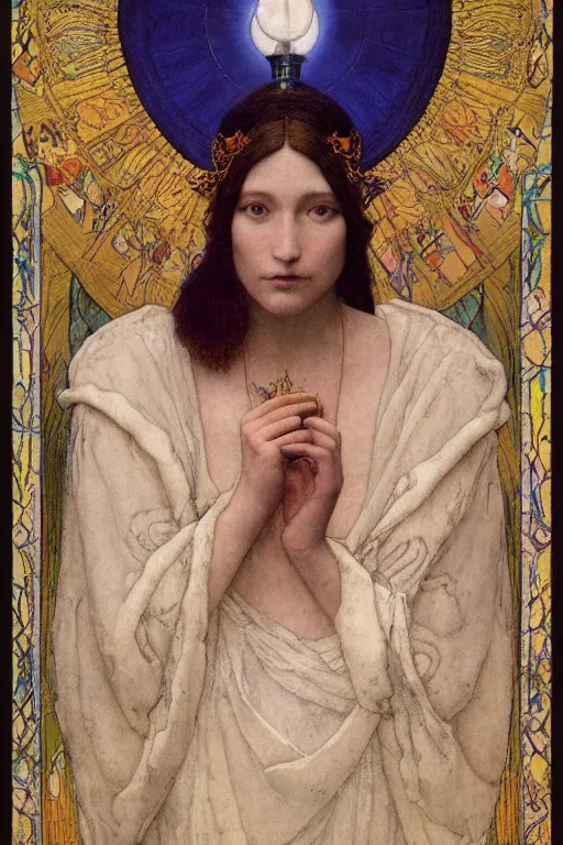 Image similar to portrait of the last queen of the dawn mountains with her lantern and regalia, by Annie Swynnerton and Nicholas Roerich and John Bauer and John William Godward and Donato Giancola and Vermeer, embroidered velvet, iridescent beetles, rich color, ornate headdress, flowing robes, lost runes, ancient civilizations, dramatic cinematic lighting, featured on Artstation, extremely detailed