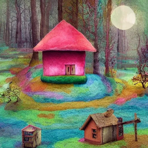 Image similar to small wooden house in the middle of spring forest, bright colours, watercolor, volumetric wool felting, macro photography, children illustration, by dan mcpharlin