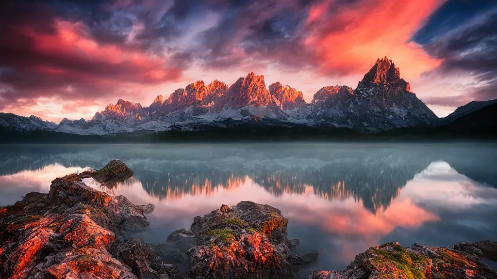 Image similar to amazing landscape photo of mountains with lake in sunset by marc adamus, beautiful dramatic lighting