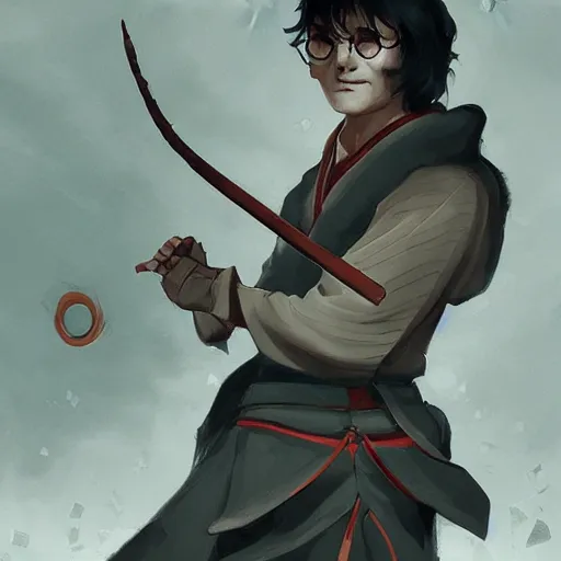 Image similar to harry potter as an samurai, backround dark, highly detailed, digital illustration, trending in artstation, modern painting, smooth, sharp focus, intricate, by peter mohrbacher