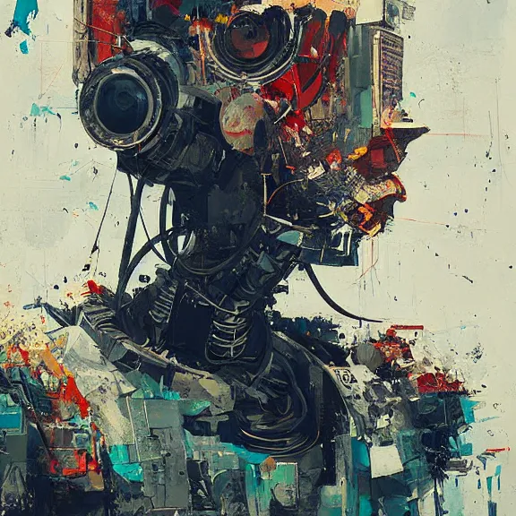 Image similar to robot artist painting a self - portrait on a canvas. intricate, highly detailed, photorealistic, film still, by ismail inceoglu.