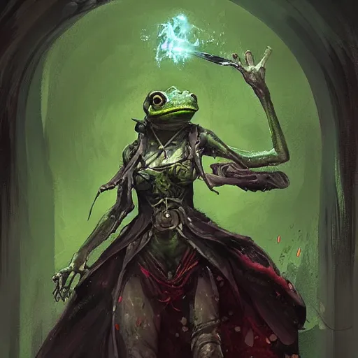 Prompt: A frog priestess with bloody eyes by greg rutkowski in the style of magic the gathering