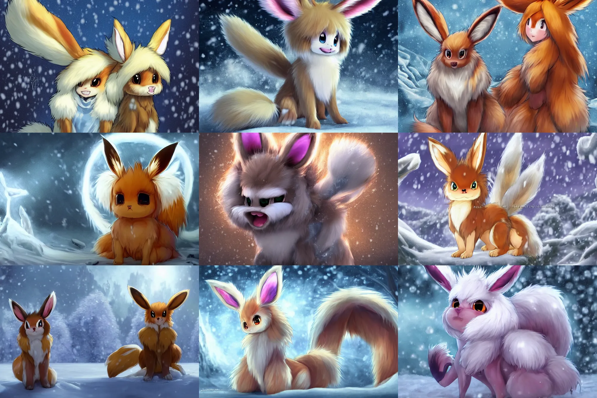 Prompt: fan art rendering of a happy anthro fuzzy eevee evil comb sitting in snow eevee high resolution anthro eevee humanoid, CGsociety UHD 4K highly detailed, intricate heterochromia sad, watery eyes with clawed finger in nose eevee anthro kneeling poofy synthetic fur tail bloody fur wearing bow braided tail looking down bleeding eevee anthro tongue sticking out wearing a sash smiling in winter facing the moon
