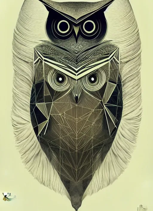 Image similar to portrait of a geometric owl, identical eyes, medium shot, illustration, full body made of white feathers, symmetrical, art stand, super detailed, cinematic lighting, and its detailed and intricate, gorgeous, by peter mohrbacher