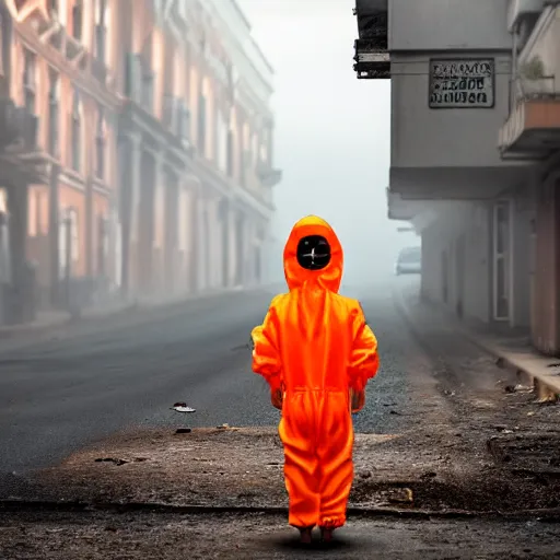 Image similar to a child wearing an orange hazmat suit on a post-war era street, dark smoke in the background, filthy streets, broken cars. Vines growing. Jpeg artifacts. Award-winning photo. Samyang/Rokinon Xeen 50mm T1.5