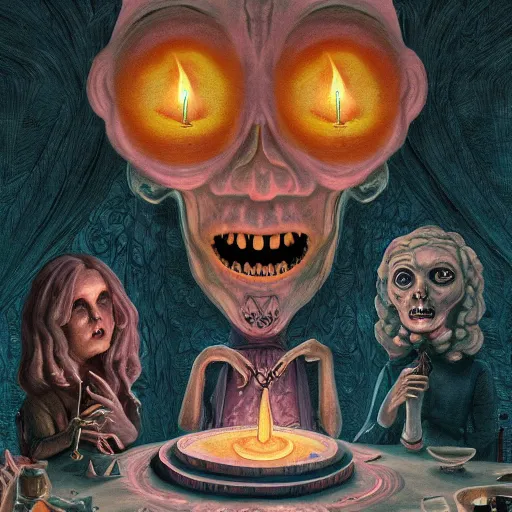 Image similar to A seance, Extremely Highly detailed, Occult, funny, humorous, humor, hilarious, funny, entertaining, magical, trending on artstationHQ