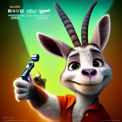 Image similar to “portrait of a smiling goat, zootopia movie style, pointing a laser gun at the camera, digital art, 4k, award winning”