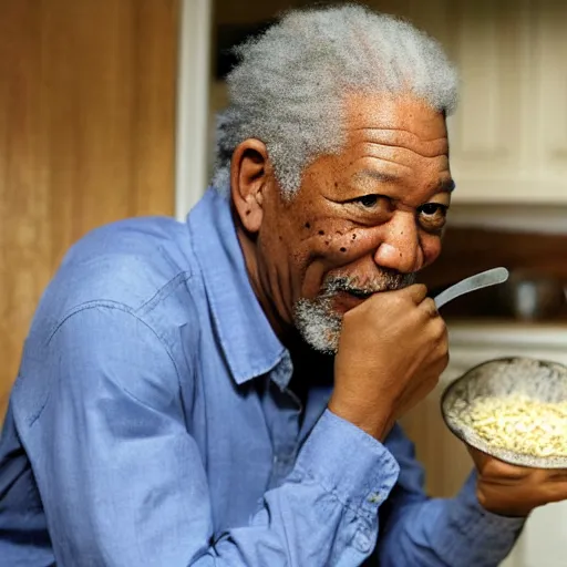 Prompt: Morgan Freeman eating a bowl of rice