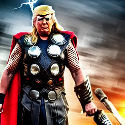 Image similar to Donald Trump as Thor the god of thunder, avengers film still