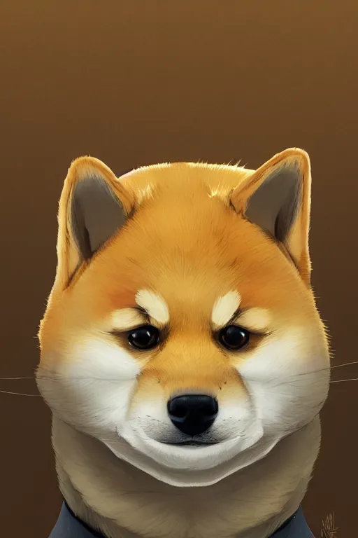 Image similar to portrait of fat shiba inu, fursona, anthro, male, bushy yellow eyebrows, detailed golden tan fur, anime key visual, concept art, digital painting, makoto shinkai