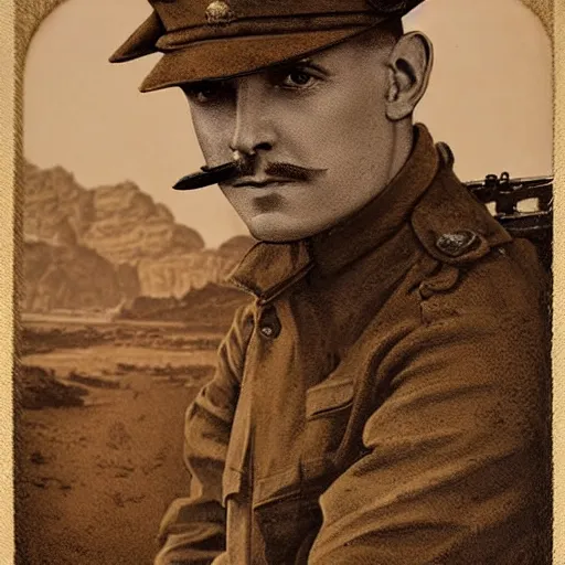 Image similar to a detailed photorealistic sepia - toned color portrait painting of a 1 9 1 7 worried clean - shaven british lieutenant in detailed field gear not wearing a hat in wadi rum, ultra realistic, intricate details, lovecraft, atmospheric, dark, horror, brooding, highly detailed, by clyde caldwell