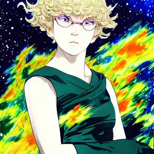 Image similar to portrait of Tatsumaki drawn by Yusuke Murata in the space with nebulae, realistic painting, high definition, digital art, matte painting, very detailed, realistic