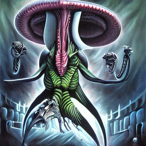 Prompt: xenomorph, surrealist painting by Brian Stephens